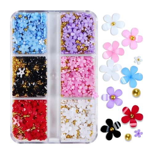 1 Box 6 Color Holographic Flower Nail Glitter Colorful Petal Nail Sequins 3D Red Purple Nail Flakes Sparkly Powder Flakes Shiny Nail Glitter Gold Beads Nail Sequins Glitter for Nails Art 6 Grids - color: Color 20