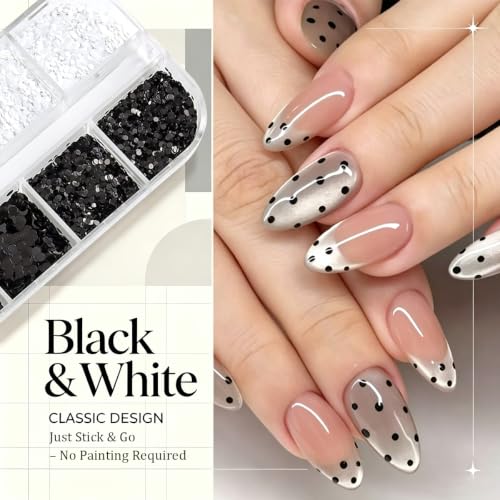 12Grid Polka Dot Nail Sequins, 3D Black White Round Dot Nail Glitter Flakes Mixed Size Mini Circle Charms Tiny Round Sequins for French Retro DIY Manicure Salon Nails Art Decorations