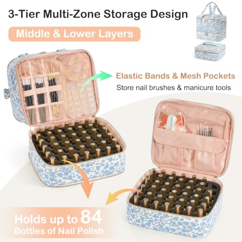 Uross Nail Polish Organizer Bag Case, 84 Bottles PU Leather- Blue Floral - size: X Large- Hold 84 Bottles