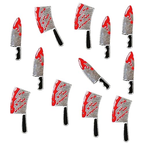 Halloween Bloody Knife Nail Charms Terror Silver Red Gems 3D Metallic Kitchen Supplies Goth Sharp Jewelry for Women Girls Manicure Acrylic Accessories Decoration 12pcs (ROFIBUTB006)