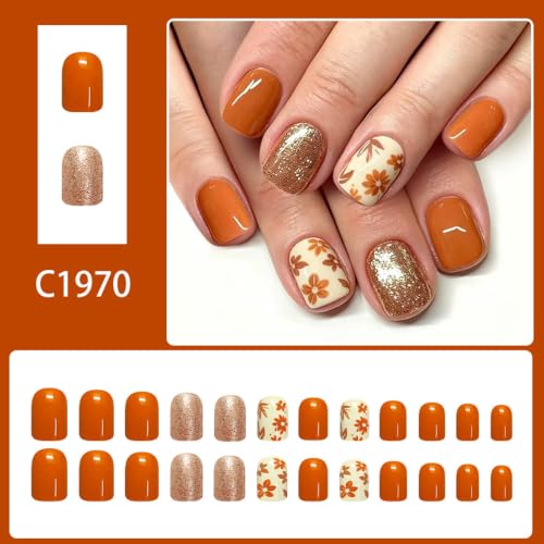 Fall Press on Nails Square, Flower Maple Leaf Design, Short, Glitter 24Pcs - color: Style-25