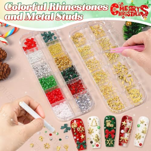2 Boxes Christmas Nail Charms, Metal Nail Studs & Rhinestones Pearls