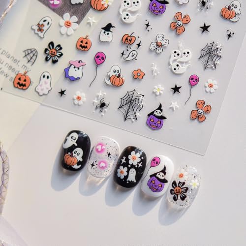 1 Sheet Cute Halloween Nail Art Stickers 5D Embossed Self-Adhesive Nail Decals Flower Ghost Pumpkin Star Spider Web Flower Nail Designs Holiday Nail Decorations for Women Acrylic Manicure Tips - color: Cute Ghost