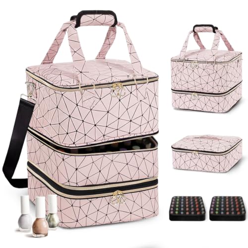 DHXYZZB Nail Polish Organizer Storage Bag - Holds 84 Bottles (15ml/0.5fl.Oz) & Manicure Tools & UV Lamp, 3 Layers Detachable PU Leather Nail Kit Storage Case, Large Travel Nail Supplies Shoulder Bag - color: Pink