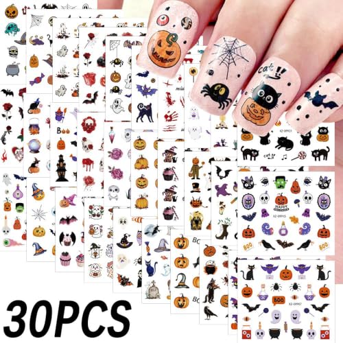30 Sheets Halloween Nail Stickers for Nail Art,3D Self-Adhesive Nail Decals - color: Halloween a