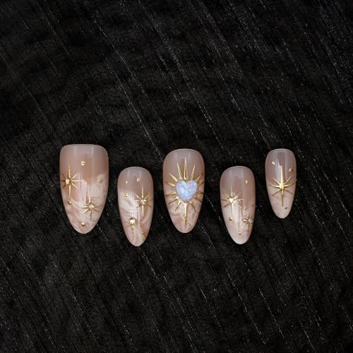 Medium Almond Press On Nails, Gold Star Jewel Nude Fake Nails 30Pcs - color: 01-3D-Gold Star