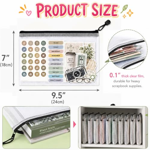 12 Pcs Sticker Storage Organizer Clear Zipper Pouches (9.5×7 Inches) - size: 9.5x7inch
