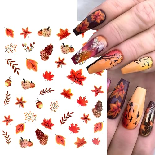 8 Sheets Autumn Maple Leaves Nail Stickers Glitter Pumpkin Nail Decals 3D Self-Adhesive Maple Leaf Nail Art Supplies Fall Ginkgo Leaf Stickers for Nails Thanksgiving Day Women DIY Manicure Decoration - style: ginkgo leaf