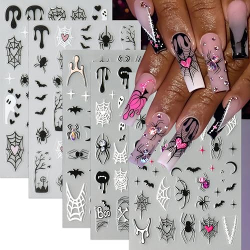 5 Sheet Halloween Nail Stickers 5D Micro Relief Self-Adhesive Cute Ghost Spider Web Nail Decals Ghost Spider Web Skull Bat Nail Design Classic Halloween Decoration for Women Manicure Art Supplies - style: micro relief ghost