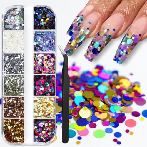 1 Box 12 Color Holographic Circle Nail Glitter Rings Nail Sequins 3D Silver Gold Nail Flakes Sparkly Glitter Flakes Shiny Nail Glitter Colorful Nail Sequins Glitter for Nails Art 12 Grids - color: Color 50