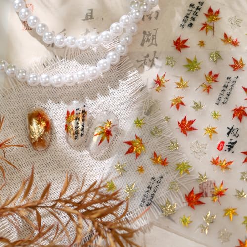 1 Sheet Fall Nail Stickers 5D Embossed Self-Adhesive Fall Maple Leaf Nail Decals Red Gold Maple Leaves Nails Designs Glitter Maple Leaf Nail Art Stickers Thanksgiving Nails Supplies for Women Manicure - color: Style18