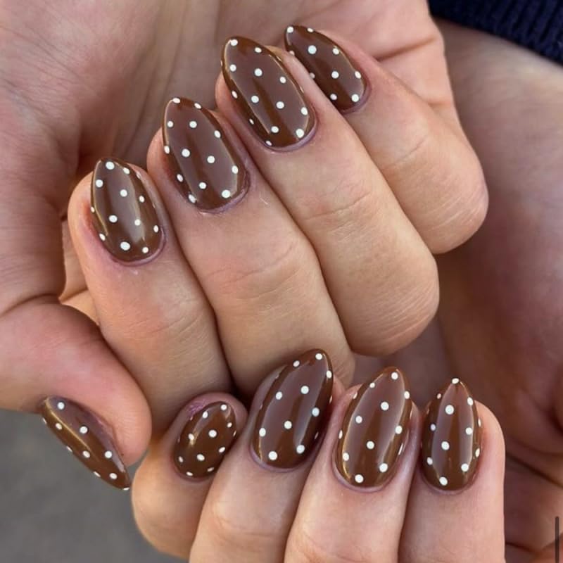 Polka Dot Press on Nails Short Almond Brown Fake Nails 24Pcs - color: Color-3