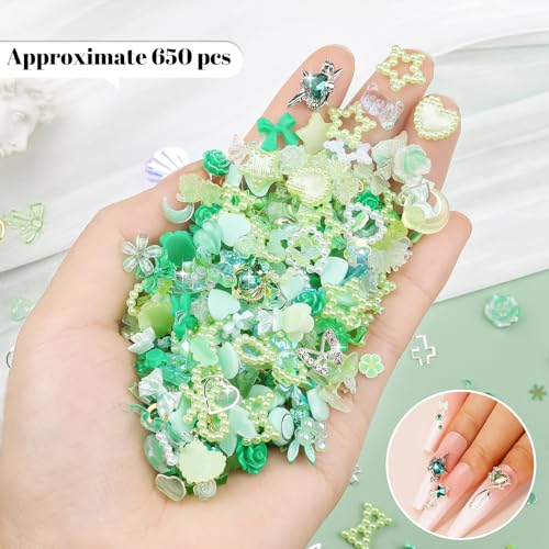 650PCS Cute 3D Resin Nail Charms and Gems Green Rabbit Bow Butterfly Charm - color: Green