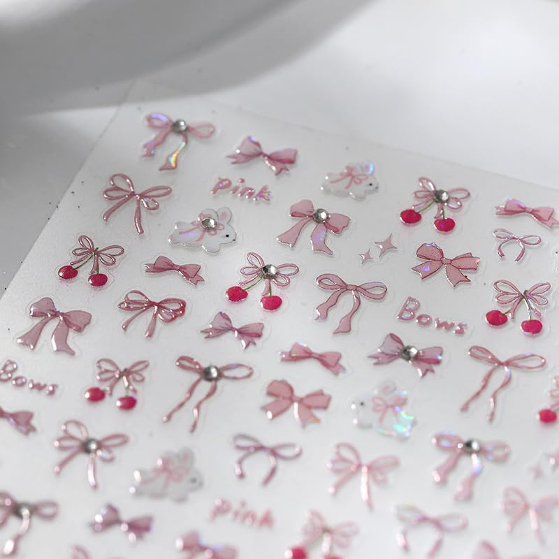 1 Sheet Bow Nail Art Stickers 5D Self-Adhesive Glitter Pink Bows Nail Art Designs Decals Cute Bow Nails Sticker Bow Charms with Rhinestone Design Acrylic DIY Decoration Supplies Charms for Women - style: diamond bow