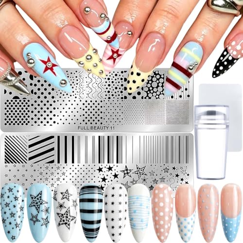 Nail Stamping Plates Kit With Stamper-French Line,Curve,Star,Dot Templates