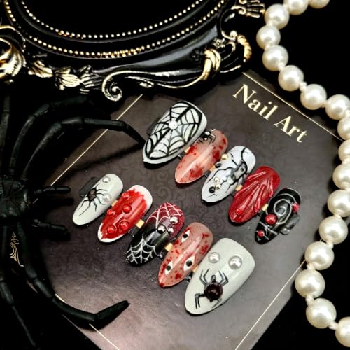 Halloween Press on Nails Medium Almond Spider Web Gothic Fake Nails - color: Halloween Press on Nails 03
