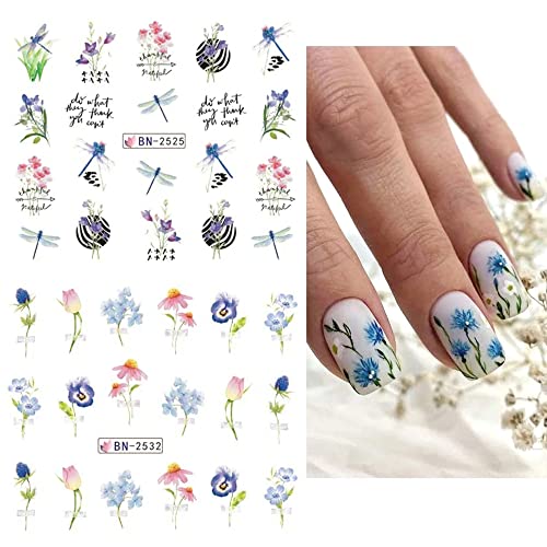 Flower Nail Art Stickers, Flower Nail Decals Water Transfer Nail Art Supplies Summer Lily Orchid Butterfly Small Floral Flowers Spring Nail Tattoo Stickers Accessories for Women Girls(12Sheets) - style: Floral