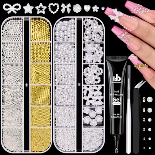 Flatback White Pearls and Nail Beads for Nails 3D Flowers Bows Nail Charms - color: 09 2 Boxes Nail Art Decos Set 7+Glue