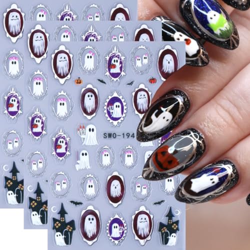 Halloween Silver Frame Ghost Nail Art Stickers Pumpkin Bat Nail Art Decals 3 Sheets 5D Self-Adhesive Ghost Nail Stickers Castle Bat Nail Design for Women Halloween DIY Nail Supplies Decorations - color: Halloween Style14