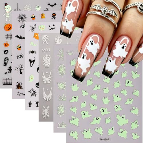 Glow in the Dark Halloween Nail Art Sticker Pumpkin Spider Web Nail Sticker 6Pcs 3D Self-Adhesive Pumpkin Bat Ghost Bone Nails Decals Cat Nail Supplies Accessories for Halloween Manicure Decoration - color: Glowing Ghost