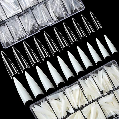FEBSNOW 1000PCS Long Stiletto Nail Tips, Acrylic Flake Nails with Box