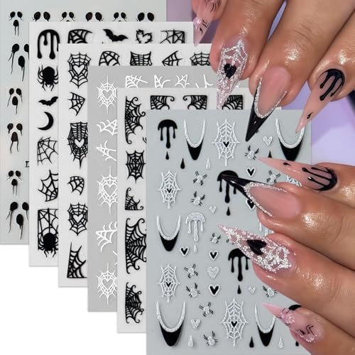 6 Sheets Halloween Spider Web Nail Stickers Spider Nail Stickers for Nail Art 3D Self-Adhesive Ghost Nail Decals Black White Spiders Web Bat Silver Glitter Black French Nails Design Supplies for Women - style: bats