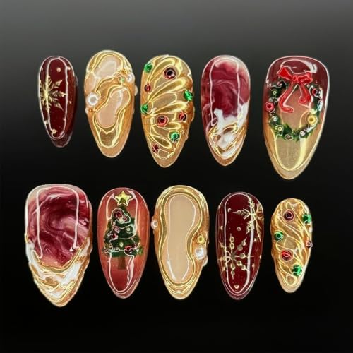 30Pcs Christmas Press on Nails Medium Almond 3D Chrome Gold Fake Nails - color: Winter Christmas Nails-21