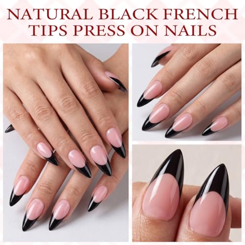Black French Tip Press on Nails,Long Stiletto Nails,Berry Pink - color: Black French Tips in Berry Pink Base
