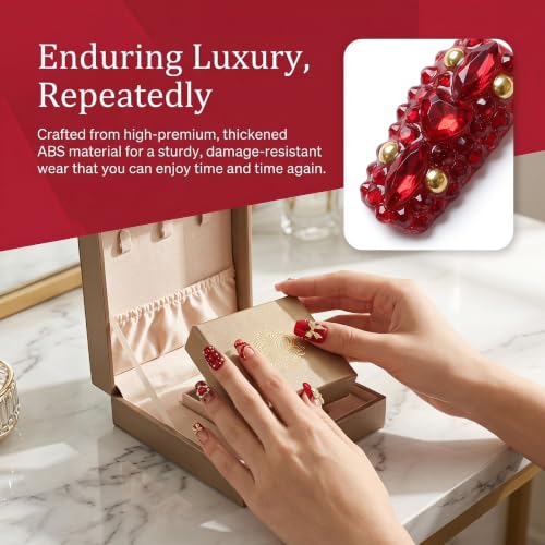 Handmade Press on Nails,Medium Coffin Red Gold Heart Fake Nails - color: style15