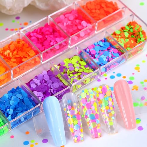 1 Box 12 Color Fluorescent Circle Nail Glitter Pink Yellow Nail Sequins 3D Colorful Nail Flakes Sparkly Glitter Flakes Shiny Nail Glitter Iridescent Nail Sequins Glitter for Nails Art 12 Grids - color: YHN09