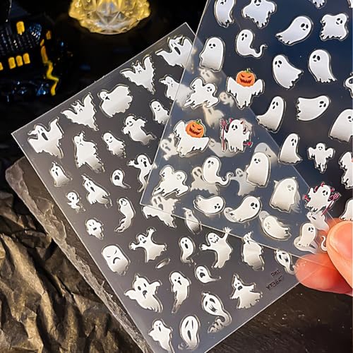 Halloween Nail Stickers for Nail Art Scary Ghost Nail Art Stickers Holiday Cute 5D Embossed White Nail Decals Self-Adhesive Nails Supply Manicure Sliders for Nails Decoration - color: Halloween Style3