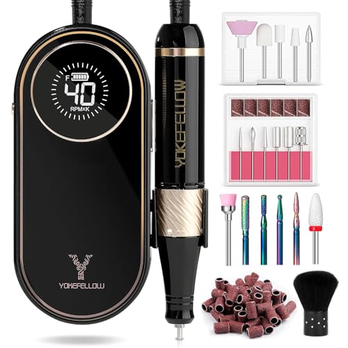 YOKE FELLOW Electric Nail File - Nail Drill Machine for Acrylic Nail Kit with Nail Dust Brush for Dip Powder Manicure Pedicure 40000RPM Rechargeable Nail Drill Gift Set for Women - color: Black