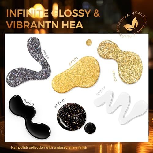 Morovan Nail Polish Set Fingernail: Black Gold White Glitter Sparkle Sliver - color: Opulent Black