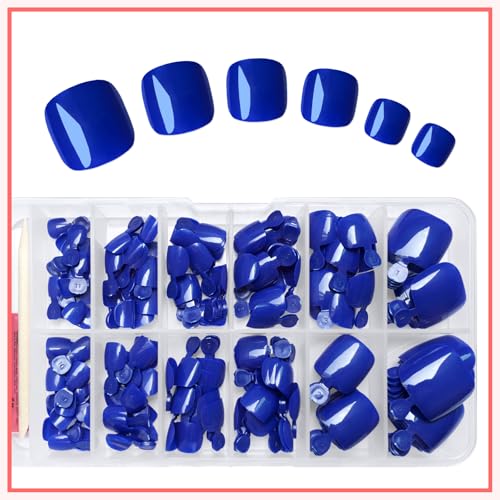 168pc Press on Toenails Women Fake Toe Nails with Adhesive Tabs, Blue Fake Toenails Press on Nails Toe Acrylic Nail Tips Short Square False Toenails Artificial Toe Nails Press ons - color: Blue