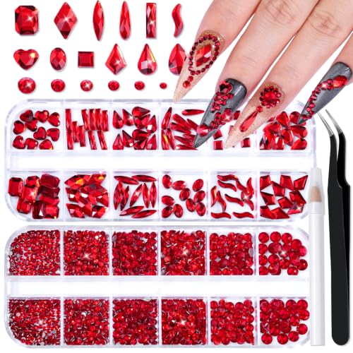 3220Pcs Red Glass Nail Rhinestones Flatback Gems Crystal - color: Red