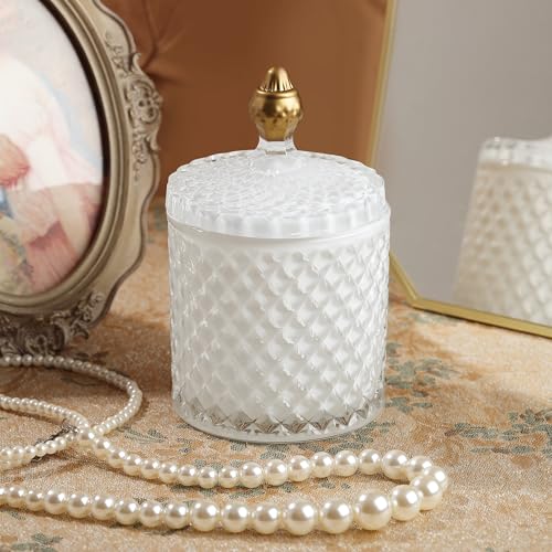 Joeyan 18oz White Glass Jars with Lid,Embossed Candy Dishes,Diamond Faceted - color: White