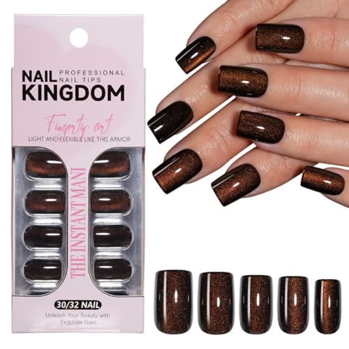 Dark Brown Cat Eye Press on Nails Medium Square Glossy Fake Nails 30 Pcs - color: Style-8