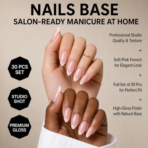 French Tip Press On Nails, 30PCS Almond Pink Nude Fake Nails - color: Light Pink Solid Nails