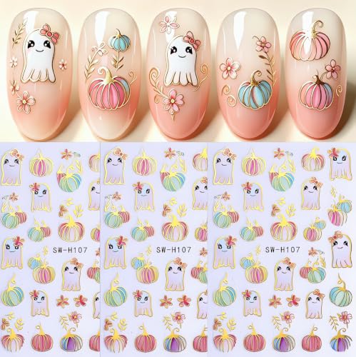 Halloween Pumpkin Nail Art Stickers Gilded Pumpkin Ghost Nail Art Decals 3D Self-Adhesive Glitter Pumpkins Nail Stickers Colorful Ghost Flower Nail Design for Women Thanksgiving Nail Supplies 3 Sheets - color: W12
