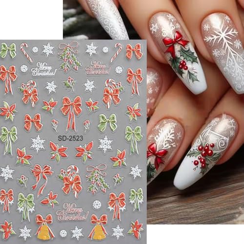 Christmas Nail Stickers, 5D Embossed Holly Leaf Nail Decals Snowflake Elk Lights Bell Xmas Tree Winter Nail Design Holiday Nail Art Decoration for Women Girls(5Sheets) - style: Holly Leaf