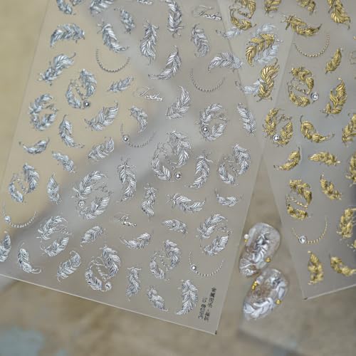 Gold Silver Nail Stickers Metal Feather Nail Decals for Acrylic Manicure - color: Color18