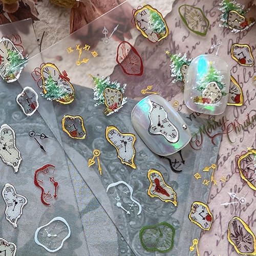 Christmas Nail Stickers for Nail Art New Year Golden Clock Colorful Nail Art Stickers Holiday 5D Embossed Nail Decals Self-Adhesive Nails Supply Manicure Sliders for Nails Decoration - color: New Years Clock1