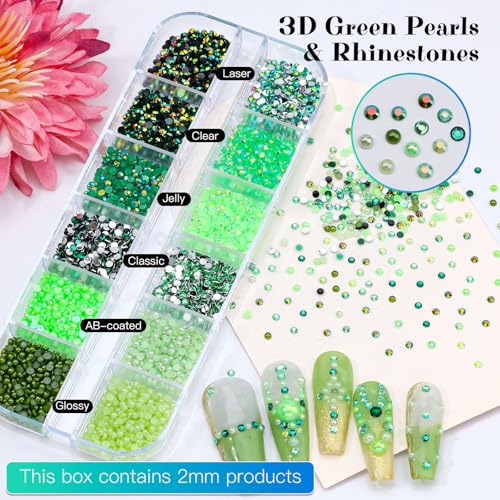 6 Boxes Flatback Gems and Rhinestones for Crafting Kit, 2/3/4/5/6mm Green Jelly Clear AB Rhinestones Resin Half Pearls Nail Charms, Irregular Crystal Caviar Beads with Tweezers for Nails DIY Tumblers - color: Green - 2-6mm