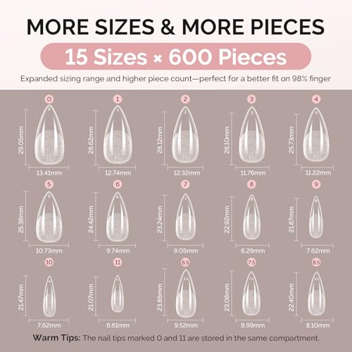 MelodySusie Medium Almond Stiletto X Nail Tips - 600Pcs 15 Sizes