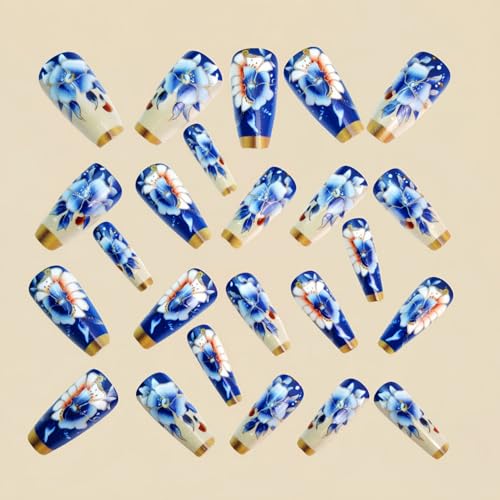 Blue Press on Nail Long Coffin Fake Nails with Flower designs Stick on Nail Full Cover Gold French Tip Press ones Glossy Luxury False Nails Reusable Spring Glue on Nails for Women 24pcs - color: style2