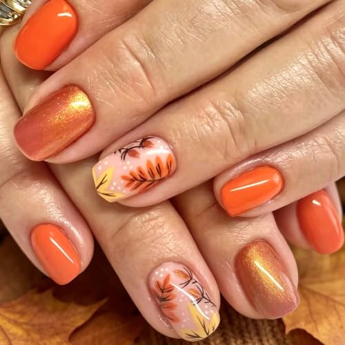 Fall Press on Nails Short Square Nails Fake Nails with Maple Glitter Designs Autumn Nails Press ons Orange Glue on Nails Full Cover False Nails Glossy Stick on Nails for Women 24Pcs - color: 11