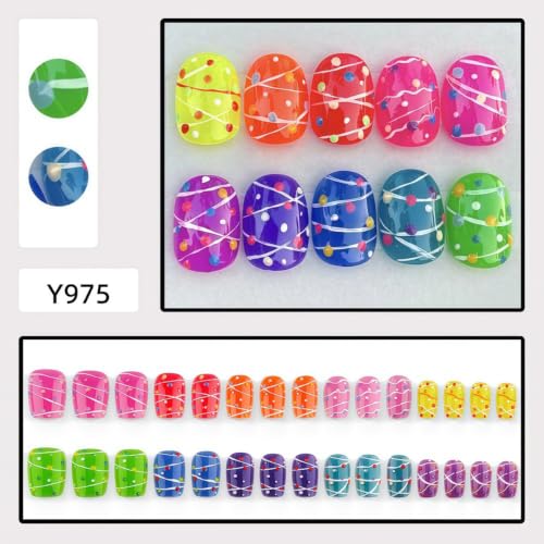 Polka Dot Press on Nails Short Oval Graffiti Design - color: Green Blue Pink Purple Orange Yellow