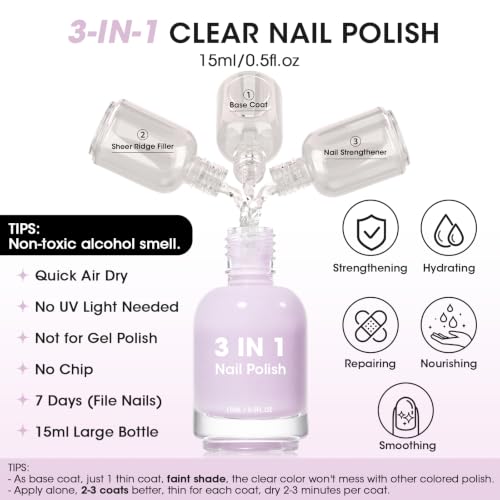 GELLEN Clear Nail Polish Ridge Filling Base Coat, No Light Needed,HEMA Free - color: Clear Lavender Purple Tint