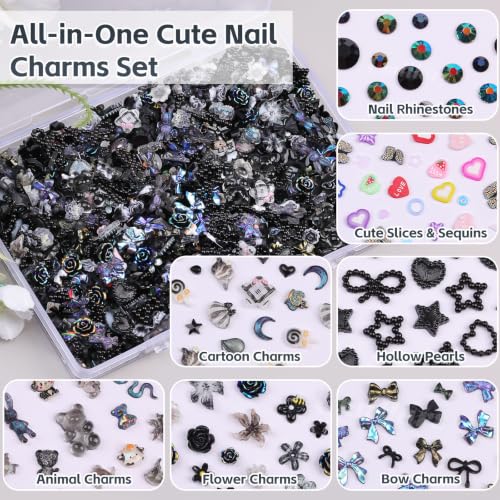 2000Pcs 3D Black Gothic Nail Charms Bulk Y2k Dark Nail Gems for Crafts Set - color: Black
