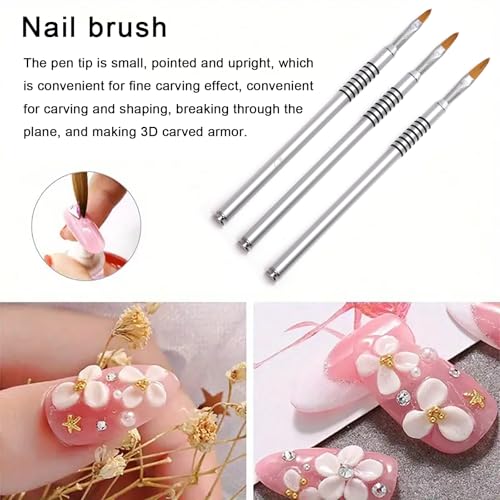 3Pcs Kolinsky 3D Nail Art Brush Set - Size 2/4/5#, Acrylic Nail Brush with Silver Metal Nonslip Grip Handle Polish Clean Up Manicure Sculpture Tools for Women Acrylic Application - color: Silver